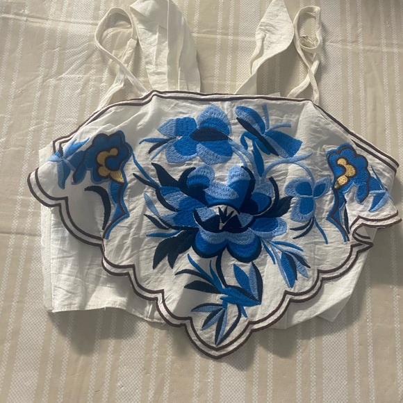 Angel Biba Tops - Angel Biba White with Blue Floral Embroidered Boho Crop Top M